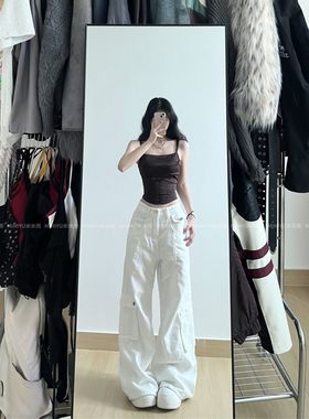 美式口袋白色设计工装牛仔裤女春秋新款高腰宽松阔腿显瘦拖地裤子