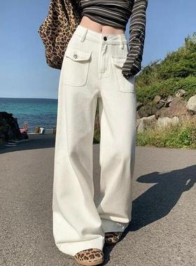 白色工装牛仔裤女春季休闲设计翻盖口袋新款高腰显瘦宽松阔腿裤子