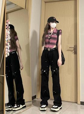 美式高街黑色vibe牛仔裤春秋款新款设计绑带弹力显瘦直筒拖地裤子