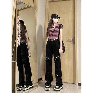 美式高街黑色vibe牛仔裤春秋款新款设计绑带弹力显瘦直筒拖地裤子