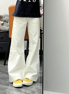 美式复古白色微喇牛仔裤女春季新款高腰宽松显瘦喇叭休闲拖地裤子