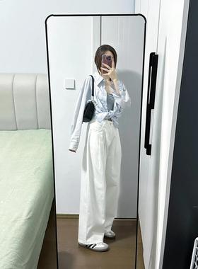 美式白色褶皱牛仔裤女春夏新款高腰宽松显瘦显瘦百搭阔腿拖地裤子