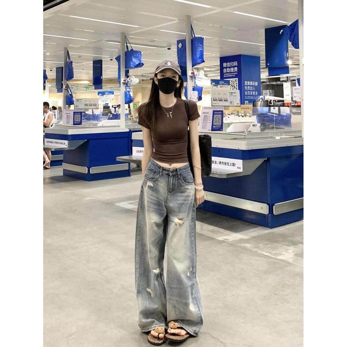 美式复古高街破洞牛仔裤女夏季新款高腰显瘦宽松直筒阔腿拖地长裤,女装/女士精品,牛仔裤,淘宝优惠券,粉丝福利购,淘宝优惠卷