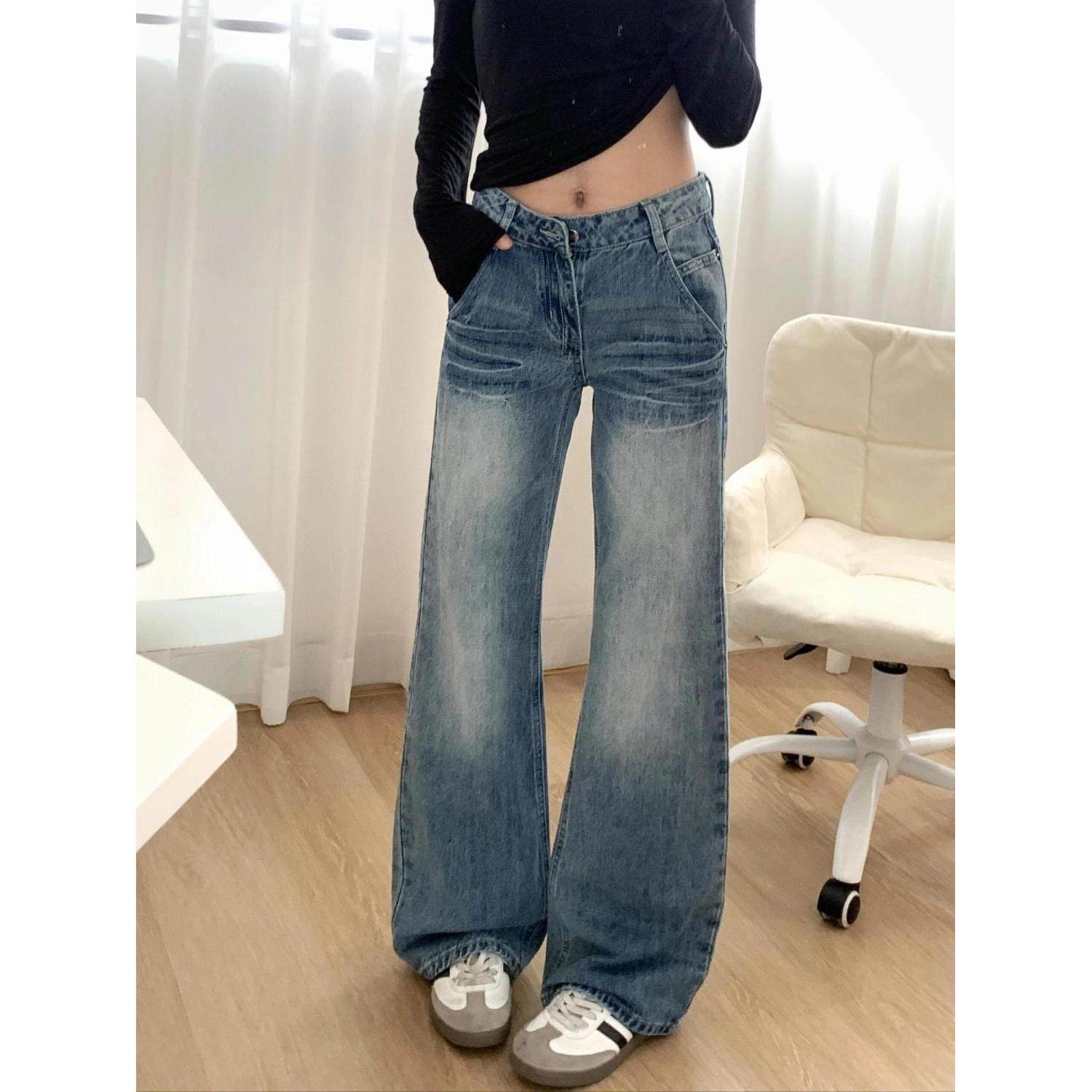 美式复古微喇水洗牛仔裤女春秋新款低腰显瘦宽松不贴直筒拖地裤子,女装/女士精品,牛仔裤,淘宝优惠券,粉丝福利购,淘宝优惠卷