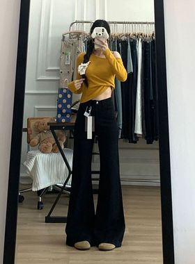 黑色不贴微喇牛仔裤女春秋季新款爆款高腰宽松显瘦马蹄拖地喇叭裤