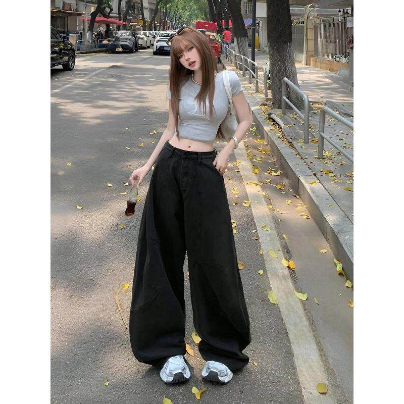 美式复古黑色弯刀牛仔裤女春秋新款拼接高腰宽松显瘦阔腿拖地裤子