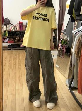 美式复古灰绿色工装牛仔裤春秋季新款高腰宽松身材显瘦直筒拖地裤