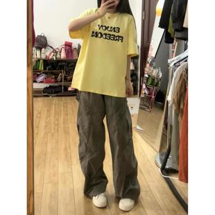 美式复古灰绿色工装牛仔裤春秋季新款高腰宽松身材显瘦直筒拖地裤