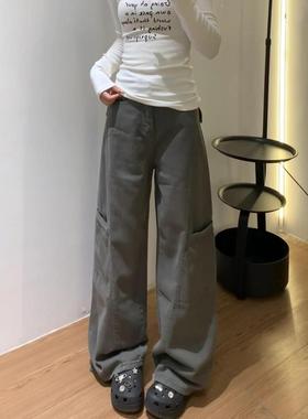 美式灰色阔腿工装裤牛仔裤春秋新款复古高腰宽松身材直筒显瘦拖地