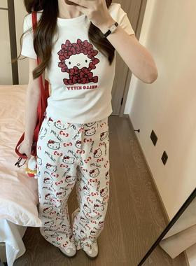 印花kitty满印猫咪牛仔裤女春夏季新款卡通高腰宽松显瘦阔腿裤子