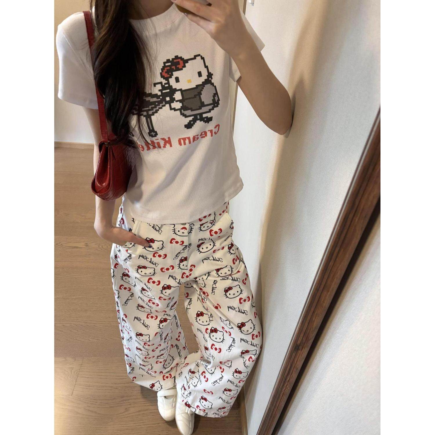 卡通kitty猫咪印花牛仔裤女夏季新款高腰宽松显瘦百搭直筒阔腿裤