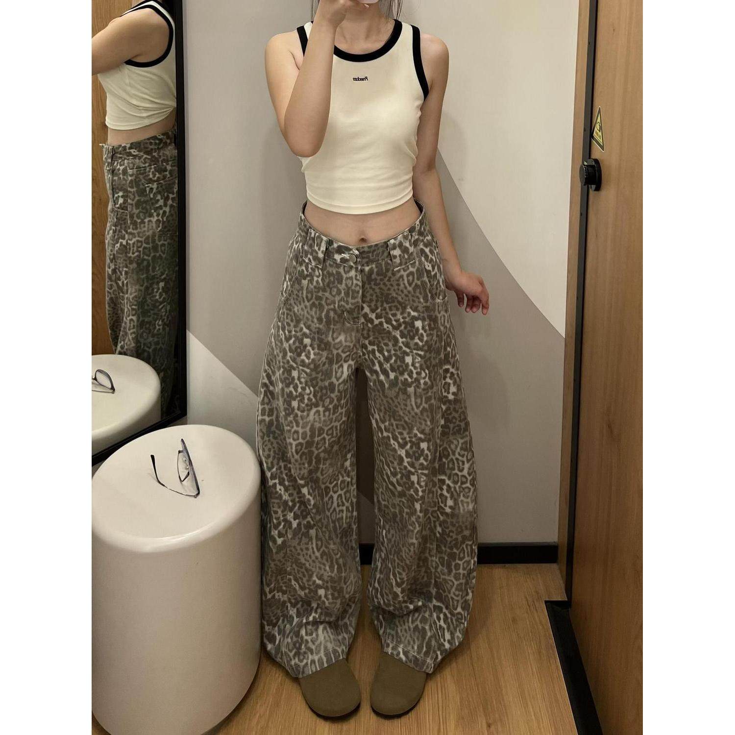 美式复古设计豹纹弯刀牛仔裤新款慵懒辣妹松弛阔腿宽松显瘦拖地裤,女装/女士精品,牛仔裤,淘宝优惠券,粉丝福利购,淘宝优惠卷