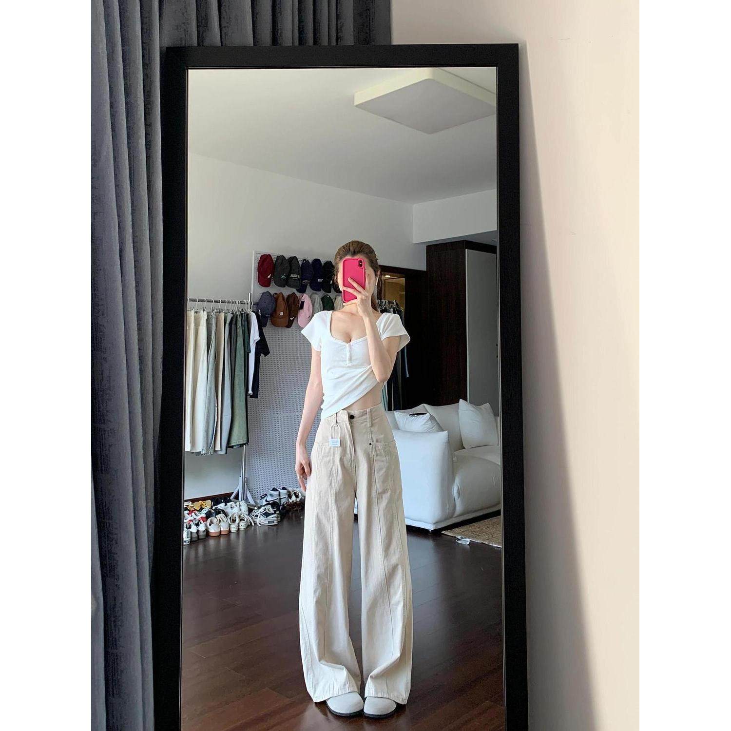 美式杏色工装牛仔裤女春秋新款高腰宽松显瘦梨形慵懒风阔腿拖地裤