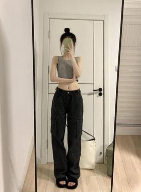 美式复古黑色高街设计工装牛仔裤春秋宽松显瘦高腰休闲直筒拖地裤