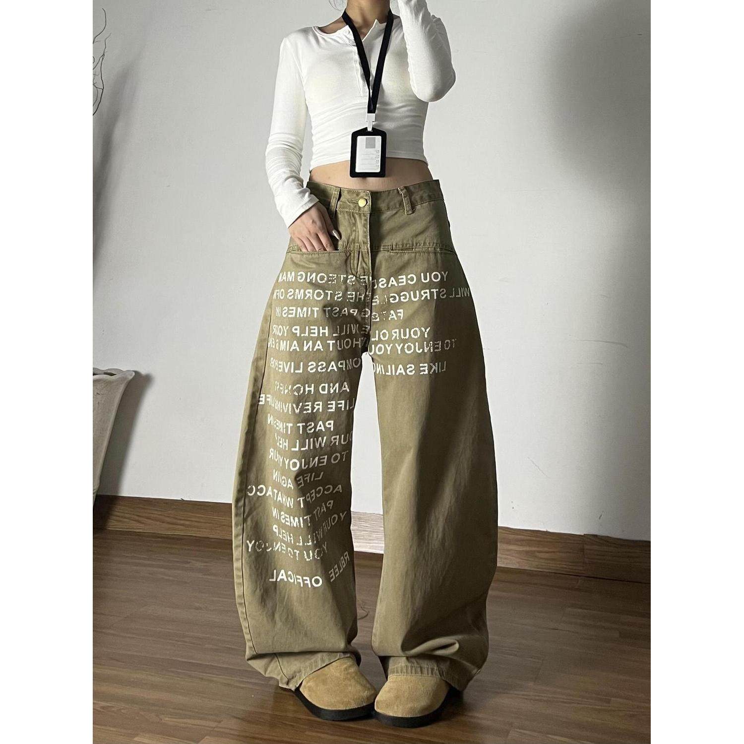 美式复古水洗字母印花弯刀牛仔裤春秋新款直筒宽松显瘦阔腿拖地裤,女装/女士精品,牛仔裤,淘宝优惠券,粉丝福利购,淘宝优惠卷