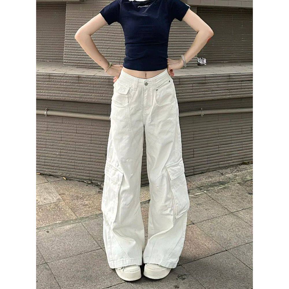 美式口袋白色工装裤牛仔裤女春秋新款高腰显瘦宽松直筒阔腿拖地裤