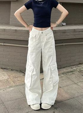 美式口袋白色工装裤牛仔裤女春秋新款高腰显瘦宽松直筒阔腿拖地裤
