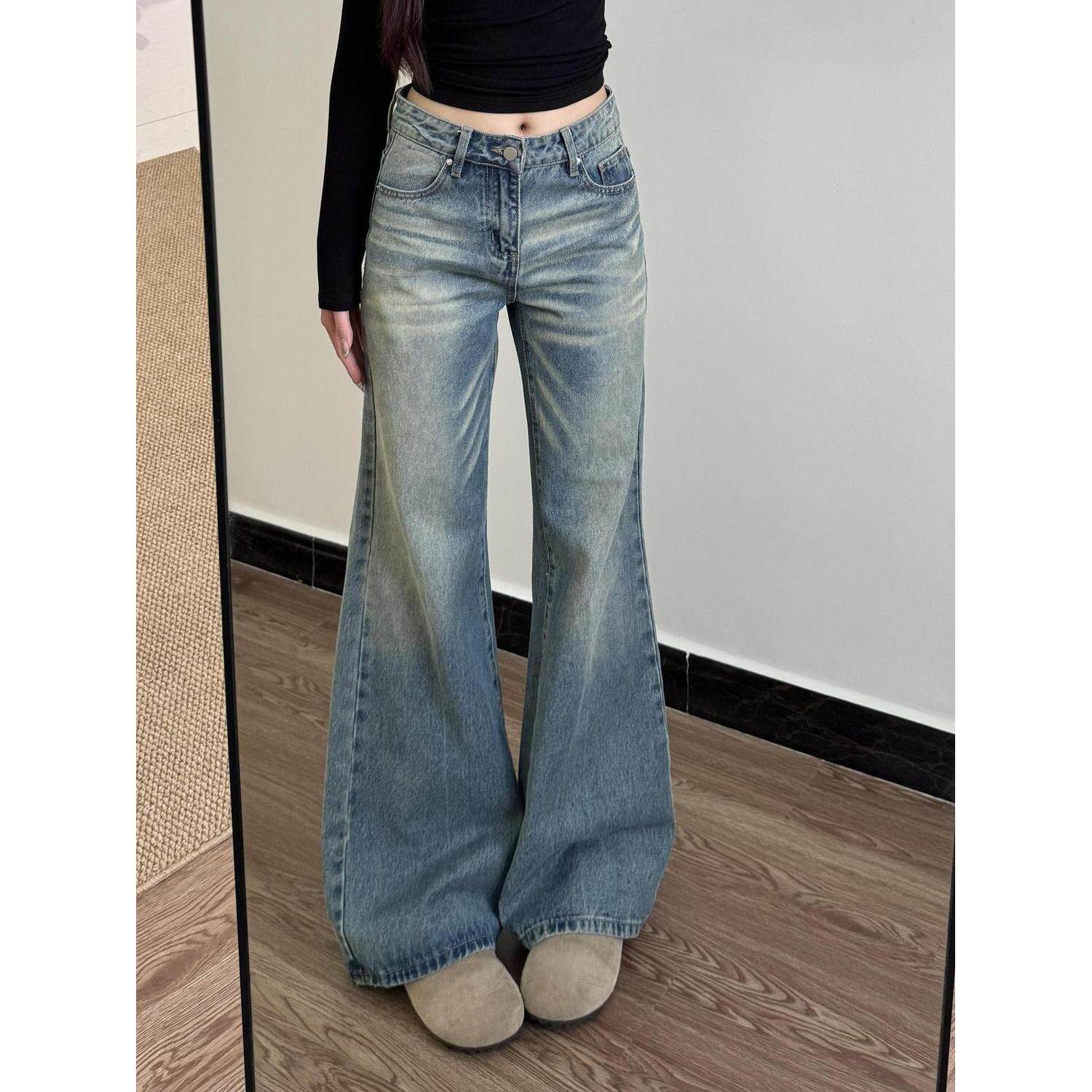 美式复古低腰微喇牛仔裤女春秋辣妹宽松猫爪不贴显瘦垂感拖地裤潮