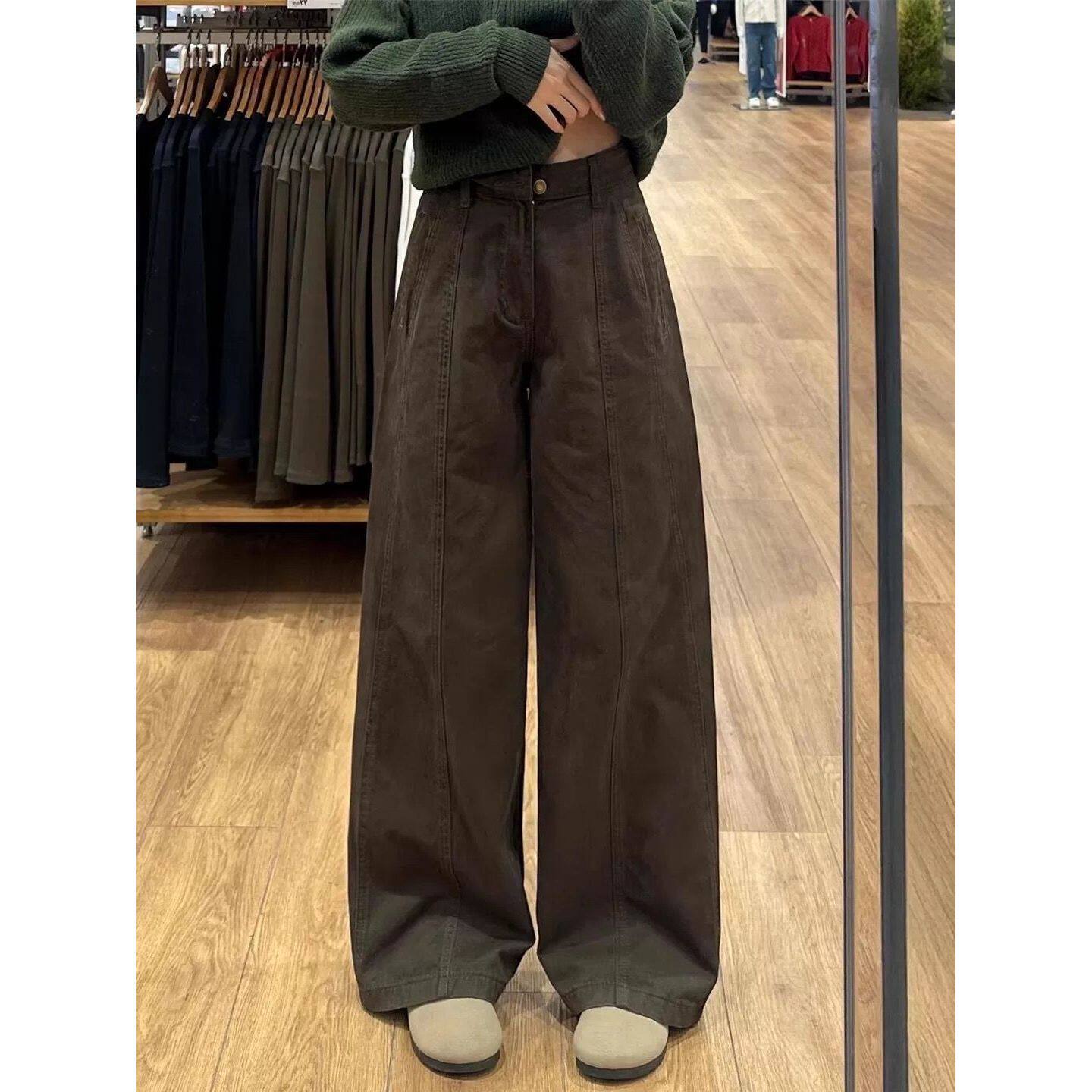 美式咖色牛仔裤女春秋季复古高腰显瘦垂感宽松新款休闲阔腿拖地裤