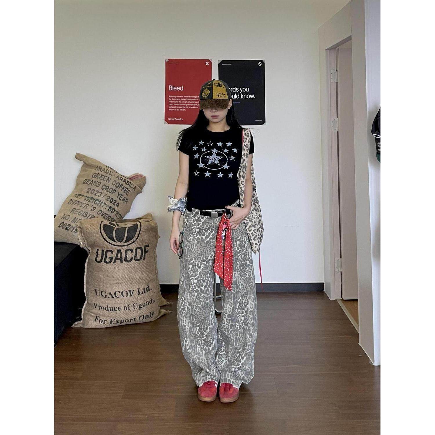 美式复古水洗豹纹设计弯刀牛仔裤女辣妹春秋季宽松阔腿慵懒拖地裤,女装/女士精品,牛仔裤,淘宝优惠券,粉丝福利购,淘宝优惠卷