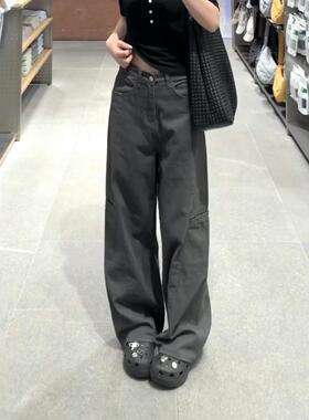 美式阔腿复古灰色工装牛仔裤春秋季新款高腰宽松显瘦休闲直筒拖地