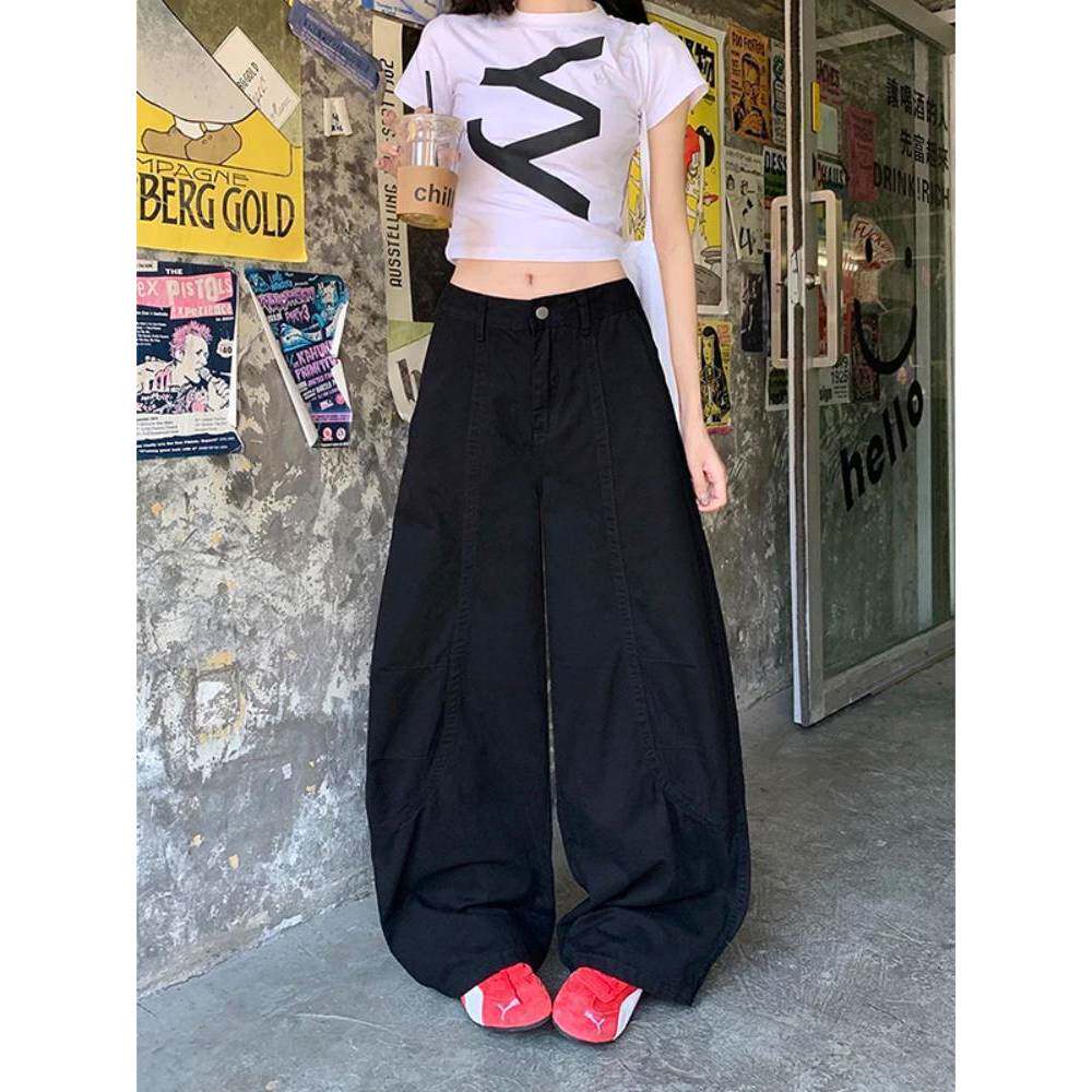 美式复古黑色牛仔裤女春秋高腰廓形新款宽松显瘦工装弯刀阔腿拖地