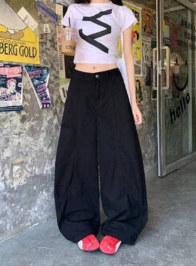 美式复古黑色牛仔裤女春秋高腰廓形新款宽松显瘦工装弯刀阔腿拖地