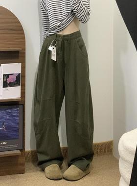美式军绿色复古弯刀工装牛仔裤女春秋高腰宽松新款显瘦阔腿拖地裤