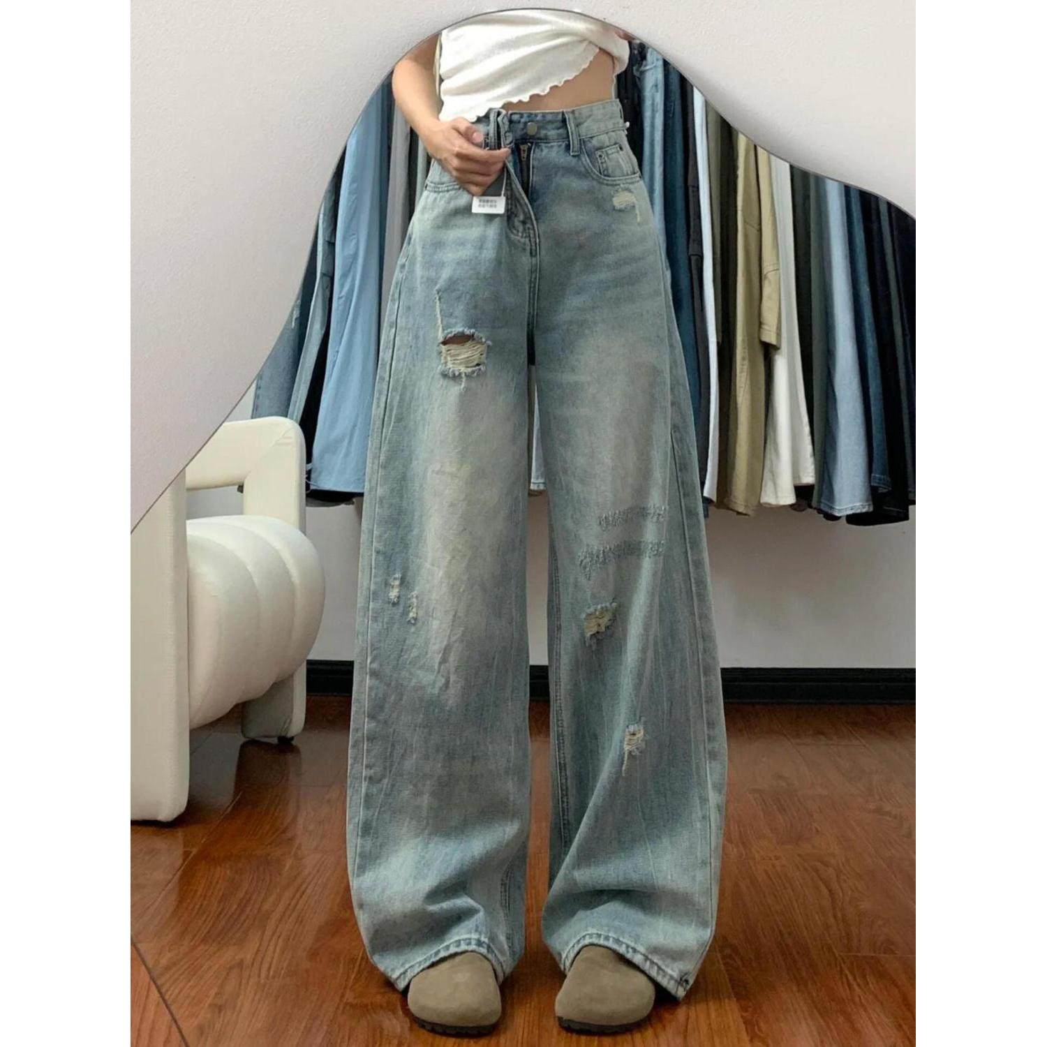 美式复古新款破洞牛仔裤女设计磨破直筒宽松高腰显瘦垂感阔腿拖地