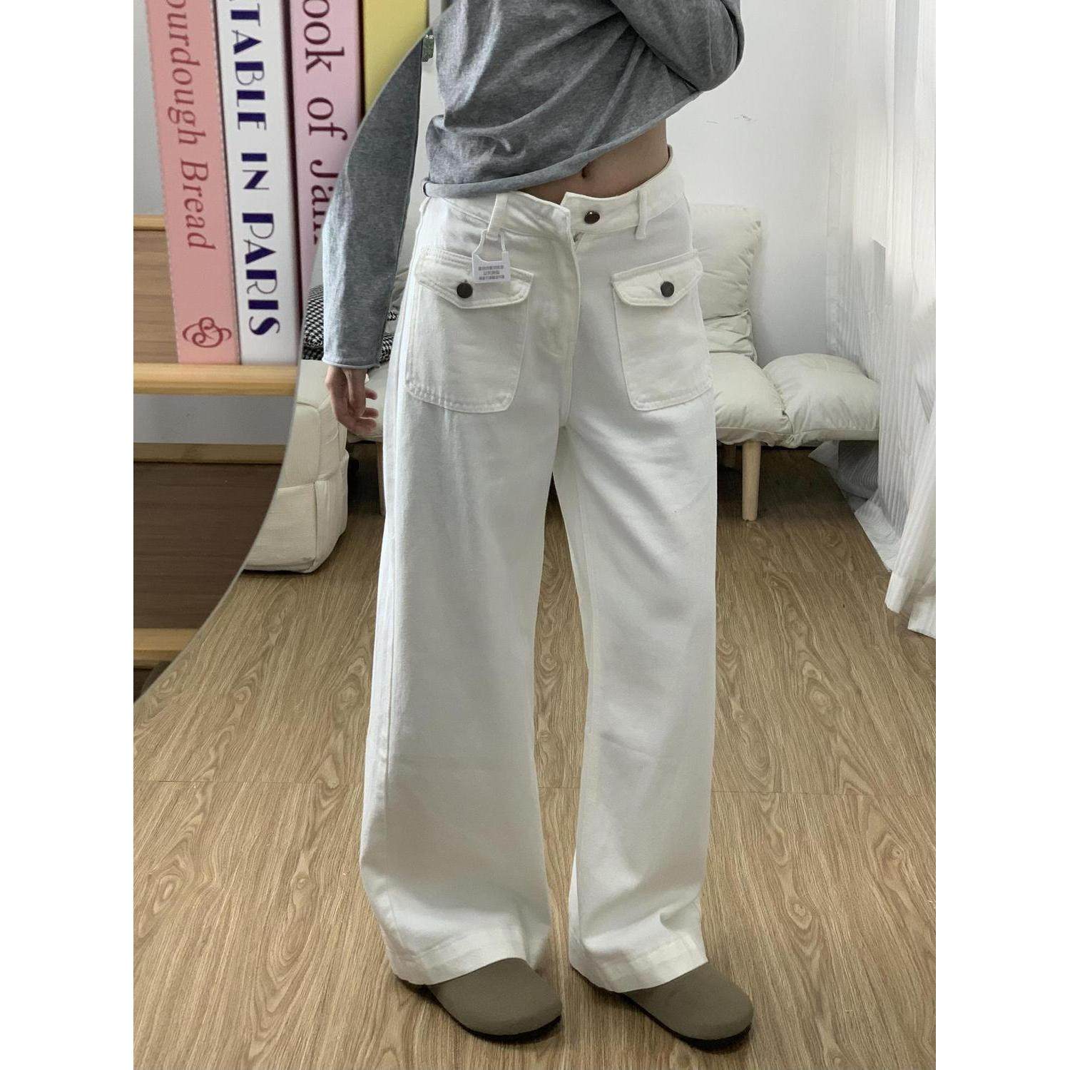 设计翻盖白色工装牛仔裤女新款高腰宽松显瘦口袋休闲直筒阔腿裤子