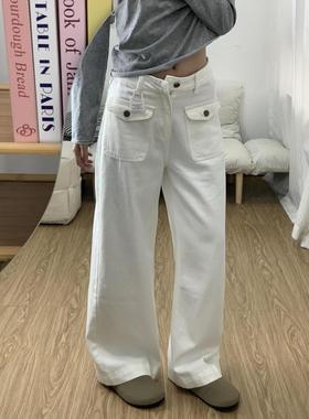 设计翻盖白色工装牛仔裤女新款高腰宽松显瘦口袋休闲直筒阔腿裤子