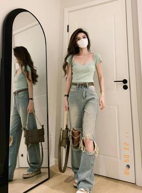 复古破洞阔腿牛仔裤女夏季韩版宽松浅色水洗显瘦直筒长裤拖地ins