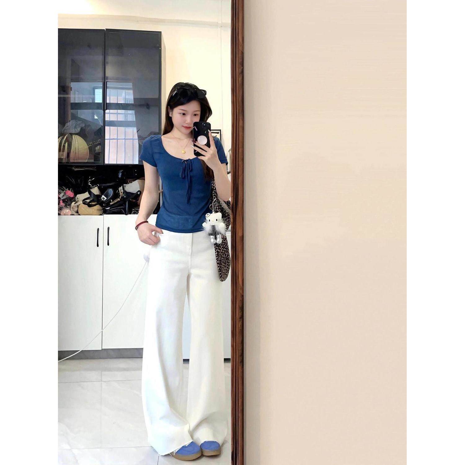 美式白色高腰显瘦阔腿牛仔裤女春夏新款水洗宽松垂感直筒拖地裤子