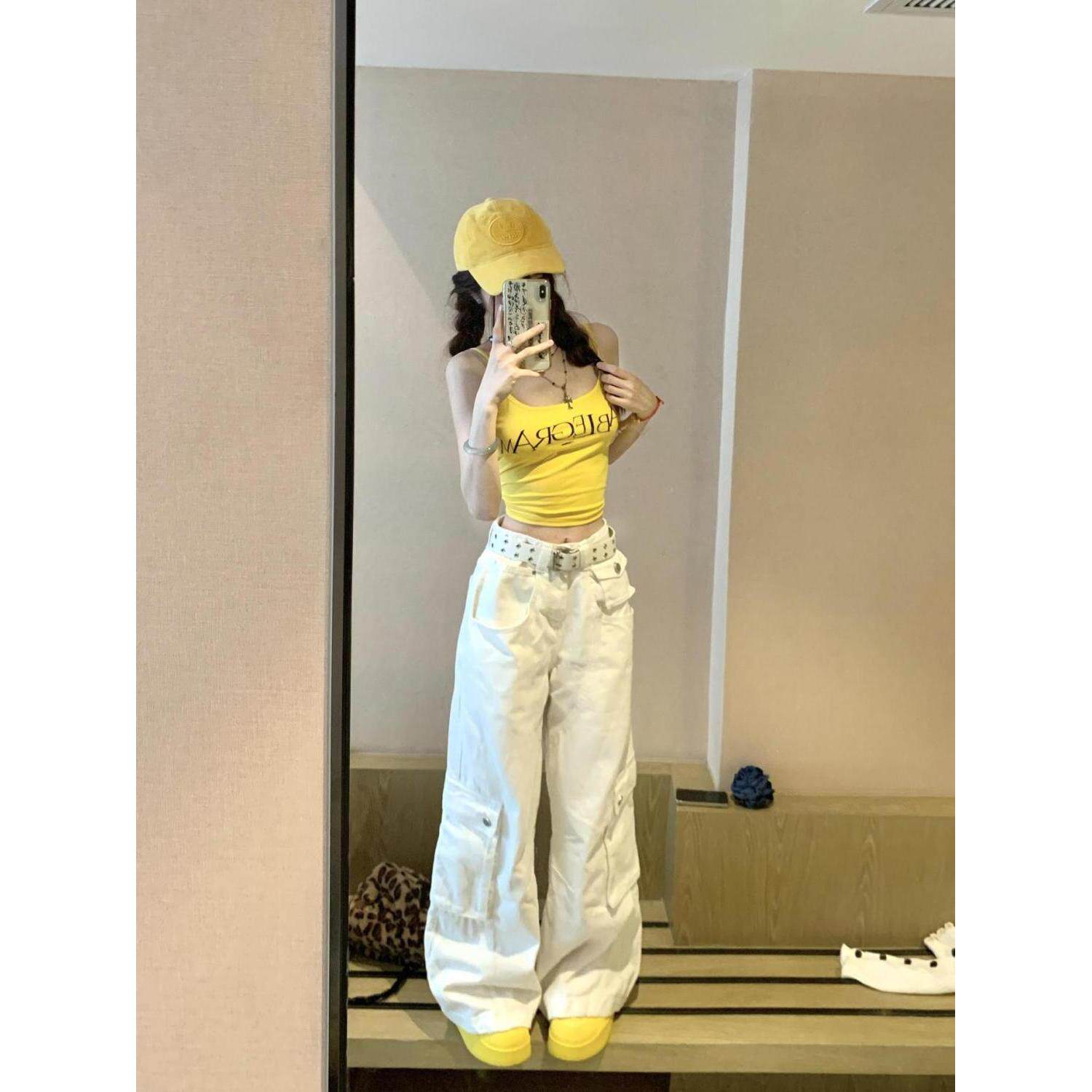 美式复古多口袋白色工装裤牛仔裤女春秋新款辣妹宽松阔腿显瘦直筒