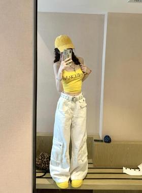 美式复古多口袋白色工装裤牛仔裤女春秋新款辣妹宽松阔腿显瘦直筒