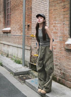 美式高街工装复古工装裤牛仔裤女春秋季新款宽松显瘦直筒拖地裤子