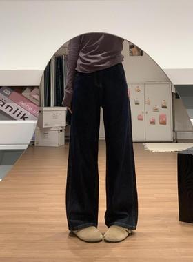 复古深蓝色拼接牛仔裤春秋新款高腰宽松显瘦梨型身材潮流拖地裤子