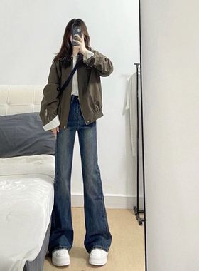 美式蓝灰微喇牛仔裤女春秋新款高腰复古辣妹梨型宽松显瘦喇叭拖地