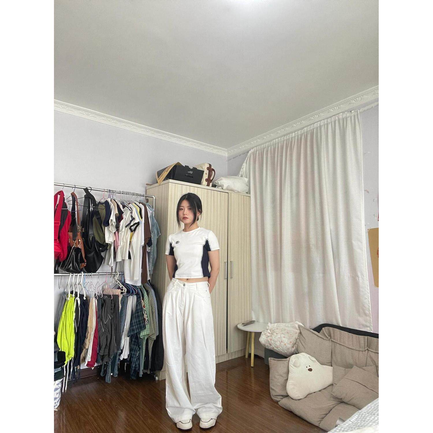 美式白色褶皱阔腿高腰牛仔裤女2026春夏季宽松显瘦垂感直筒拖地裤