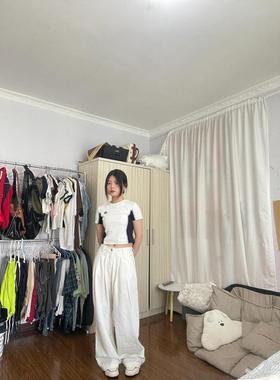 美式白色褶皱阔腿高腰牛仔裤女2026春夏季宽松显瘦垂感直筒拖地裤