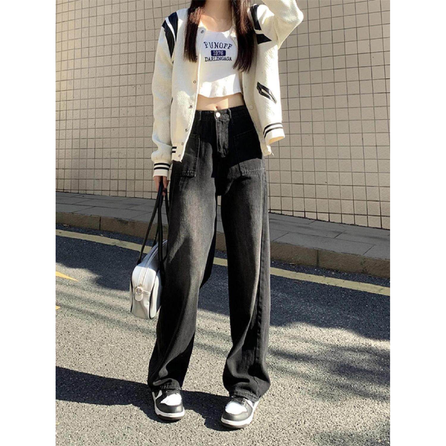 美式复古黑色直筒牛仔裤女春秋新款高腰显瘦宽松修身阔腿地裤裤子