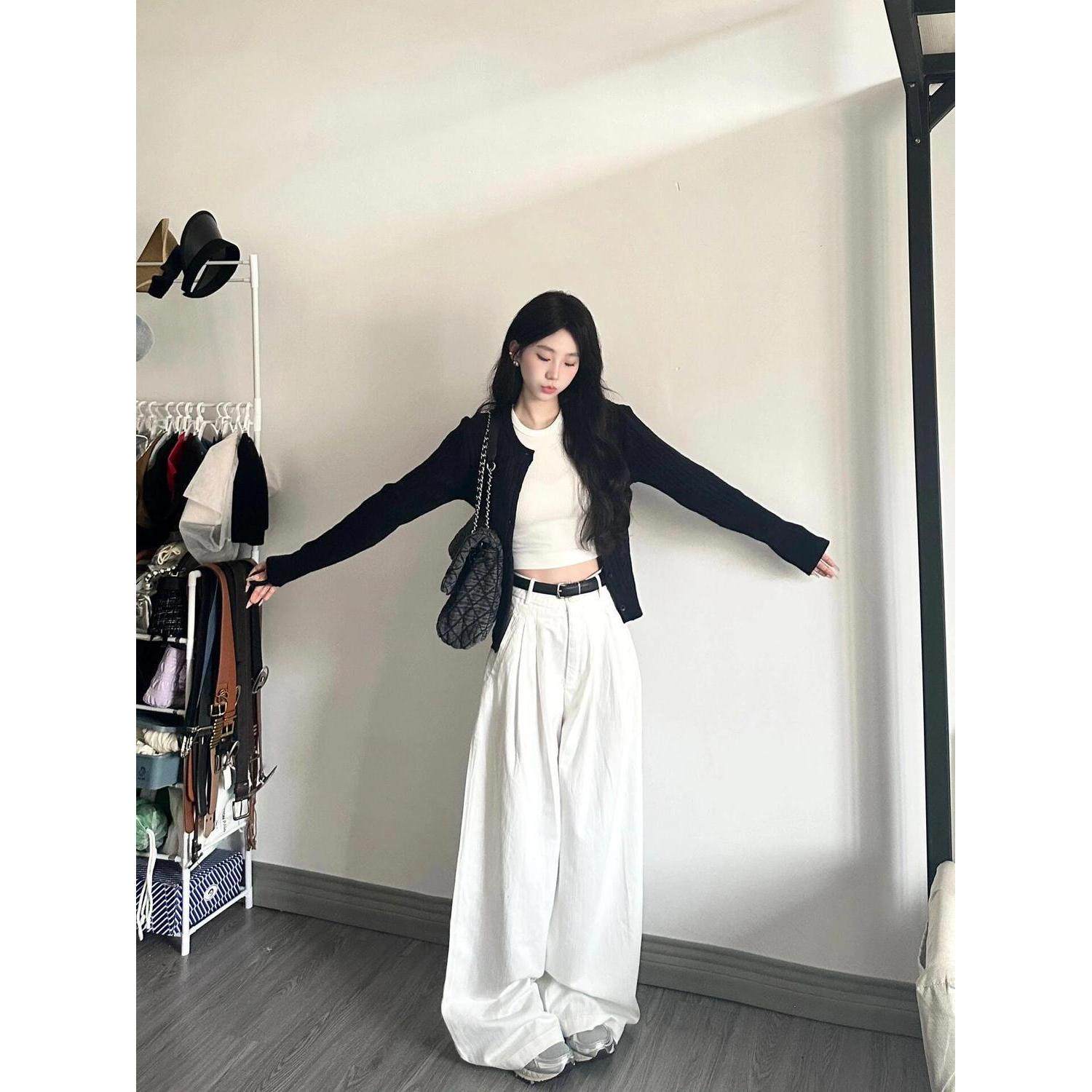 美式白色大阔腿牛仔裤女春秋新款高腰褶皱宽松遮肉显瘦直筒拖地裤