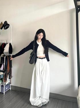 美式白色大阔腿牛仔裤女春秋新款高腰褶皱宽松遮肉显瘦直筒拖地裤