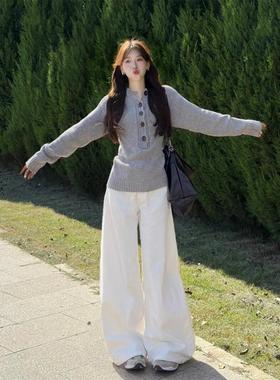 美式白色高腰显瘦阔腿牛仔裤女春夏新款水洗宽松垂感直筒拖地裤子