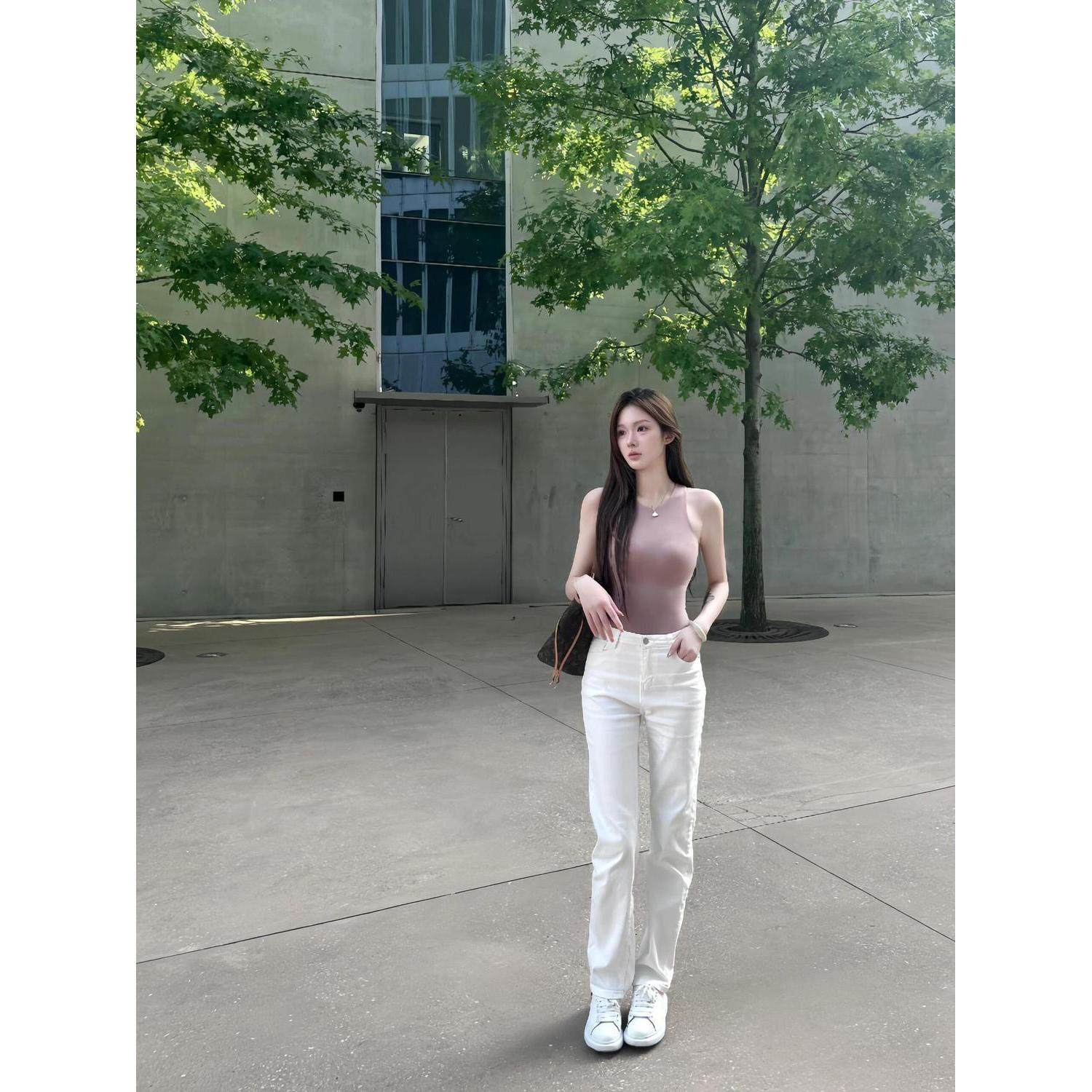 美式白色牛仔裤女春秋百搭新款高腰显瘦宽松弹力直筒烟管拖地裤子