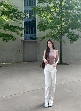 美式白色牛仔裤女春秋百搭新款高腰显瘦宽松弹力直筒烟管拖地裤子