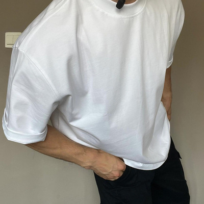 305G重磅小领口美式短袖男夏高克重纯棉半袖潮牌纯色宽松打底t恤