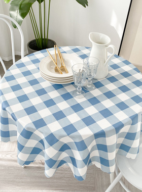 浅蓝色格子圆桌布布艺防水防油免洗家用餐厅大圆桌布简约现代台布