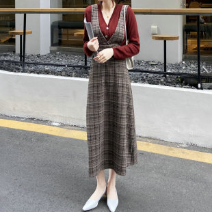 春夏弹力格纹毛呢子V领收腰a字连衣裙无袖外搭背带裙背心长裙子女