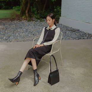 春夏黑色罗马棉方领背心裙无袖 外穿背带裙直筒一步连衣裙长裙女装